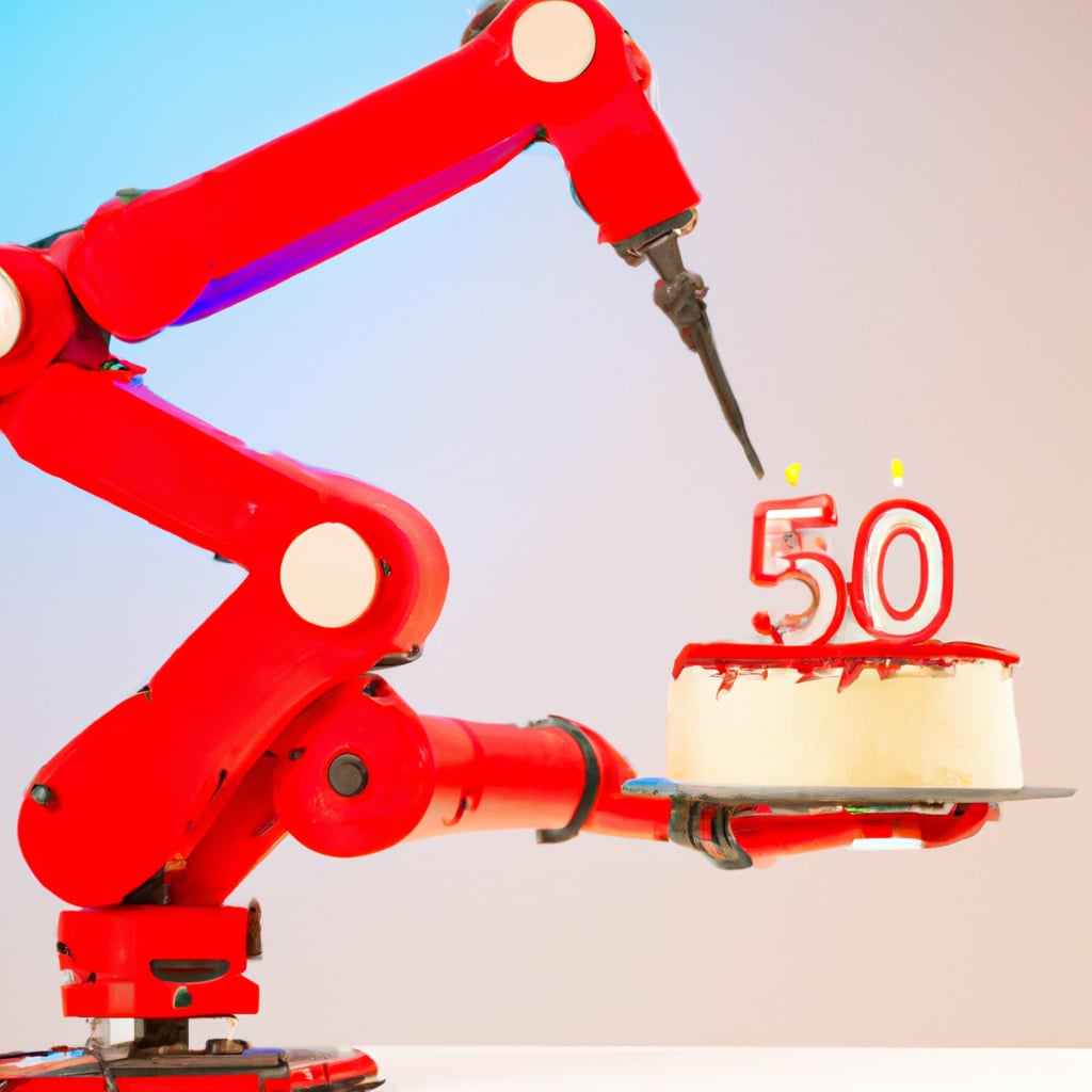 Robot holding a cake with 50 on it