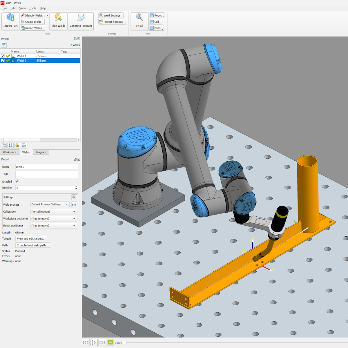 Verbotics Weld screen with UR10e welding a simple example part