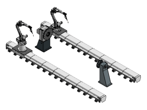 Two track-mounted ABB robots with a shared rotator