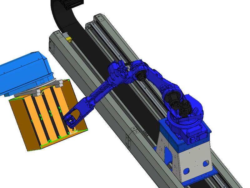 Track-mounted Yaskawa robot welding a fire pit held by a skyhook positioner