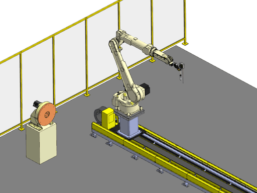 Track-mounted OTC DAIHEN robot with a rotator and fixed workstation