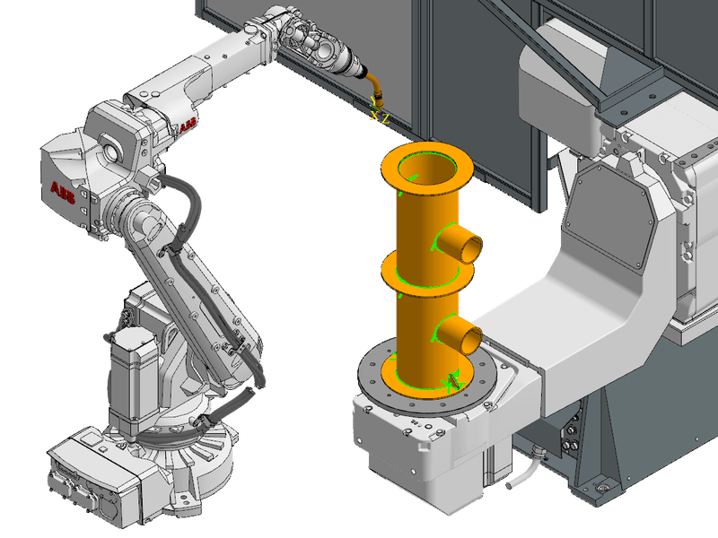 ABB robot welding a pipe assembly on a 2-axis positioner