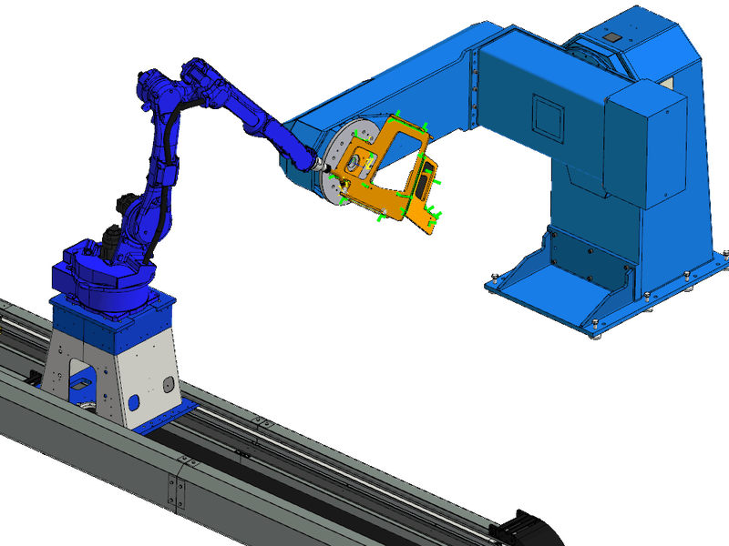 Track-mounted Yaskawa robot welding a plate assembly on a skyhook positioner