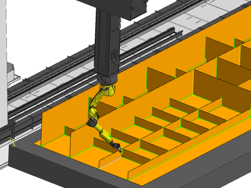 FANUC robot on a large gantry welding a ship panel