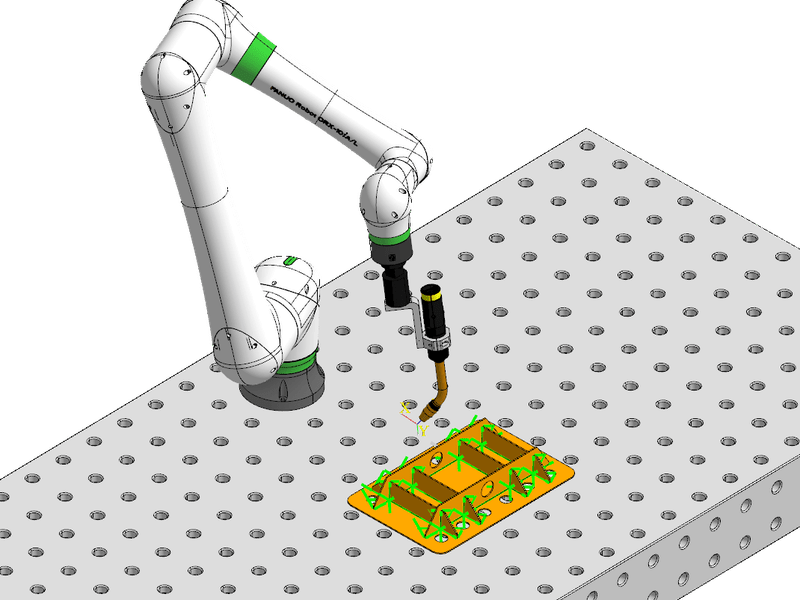 FANUC CRX cobot welding a small plate assembly on a fixture table