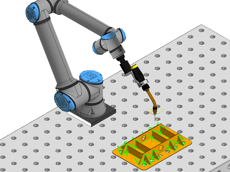 Universal Robots cobot welding a small plate assembly on a fixture table
