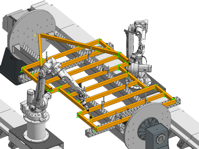 Two ABB robots welding a trailer frame on a headstock-tailstock positioner