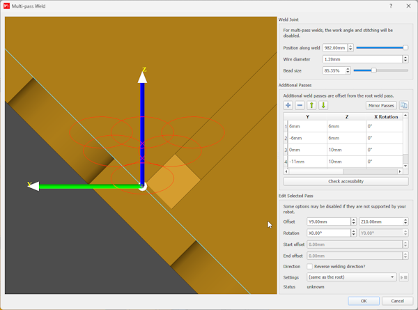 Verbotics Weld multi-pass editor dialog